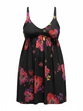 Roxy Black Babydoll Mini Dress with Pink & Red Floral Print, Summer Dress